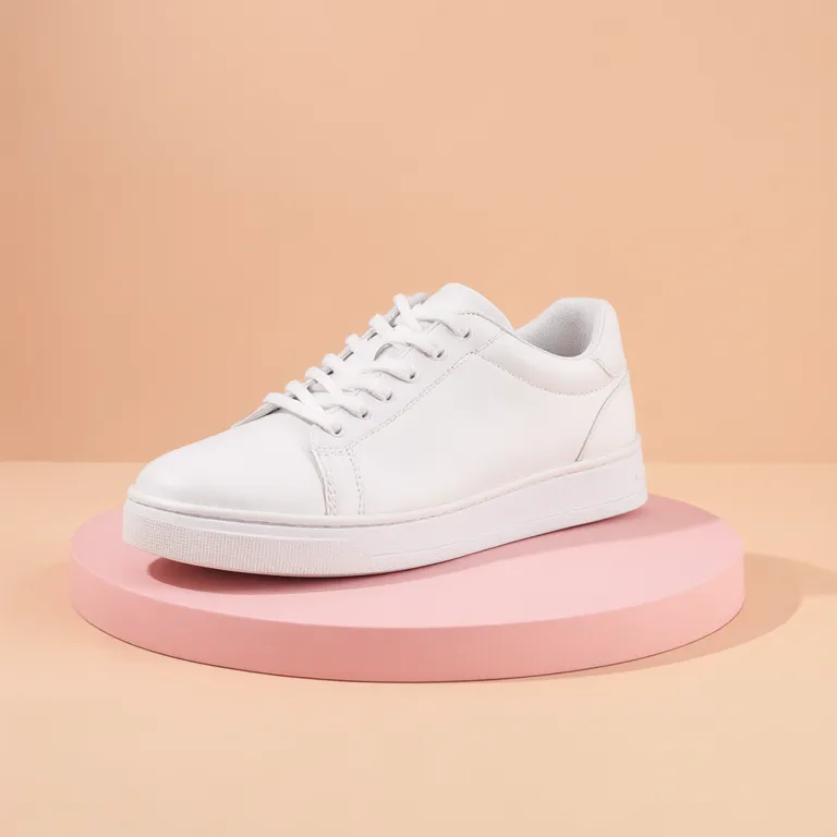 A white sneaker on a pastel plinth